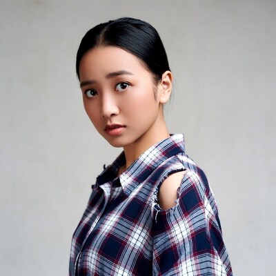 Asian woman in plaid shoulderless shirt