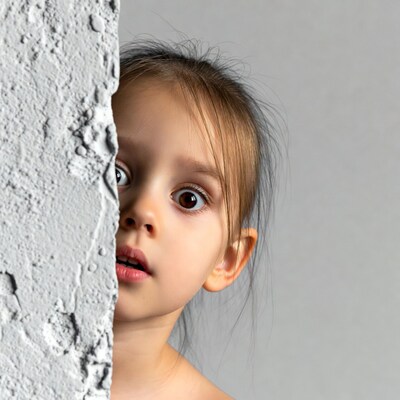 Girl peeking from behind wall