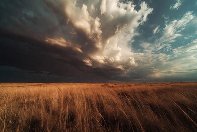 Dramatic clouds over golden grass field