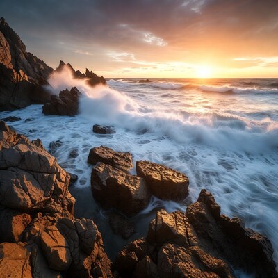 Ocean Waves Crashing on Rocks at Sunset