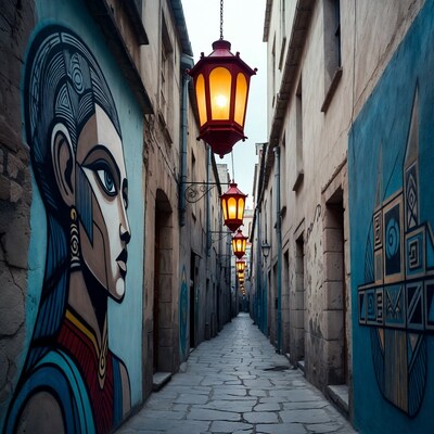 Street art woman mural with lanterns