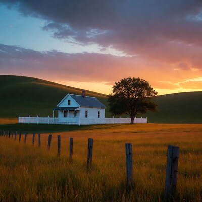 White house on hills at sunset