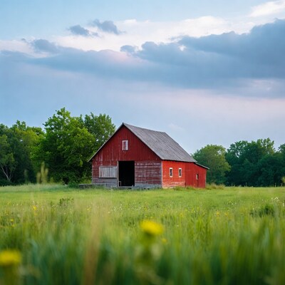 Red Barn in Green Field