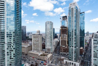 Aerial view of modern city skyline with cranes