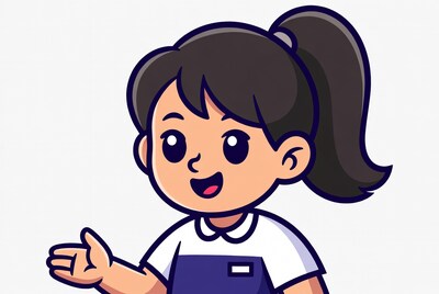 Smiling Asian girl in uniform pointing