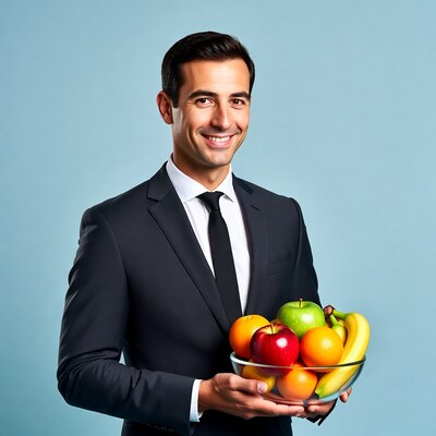 Man in suit holding fruit bowl