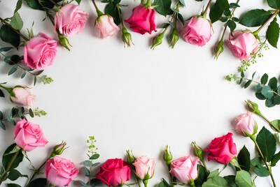 Pink Roses Frame on White Background