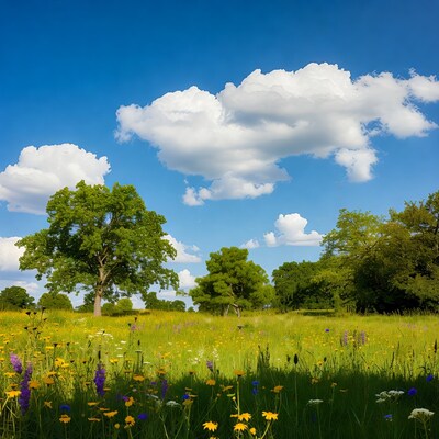 Wildflower meadow under blue sky with trees