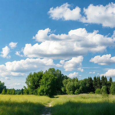 Dirt path through green meadow under blue sky