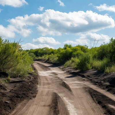 Dirt road through green bushes