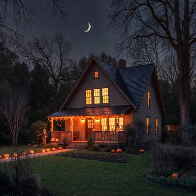Halloween house with jack o lanterns at night