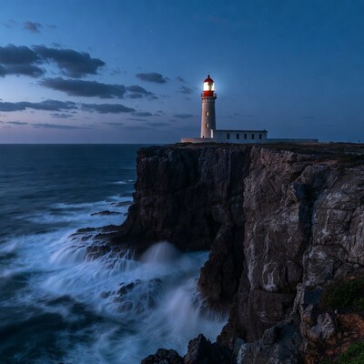 Lighthouse on cliff at night