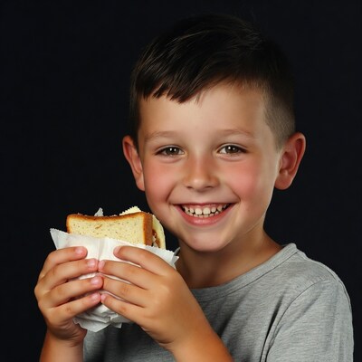 Boy holding sandwich smiling