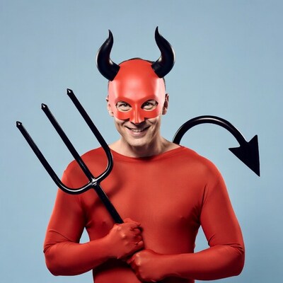 Man in red devil costume with pitchfork