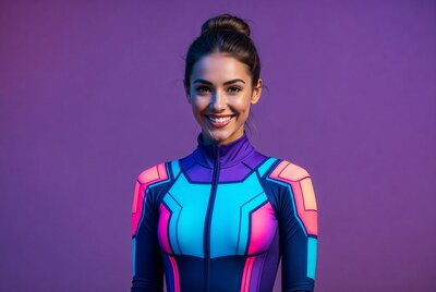 Woman in neon bodysuit smiling