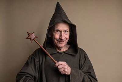 Elderly man in wizard costume with wand