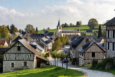 Half-timbered French village with church