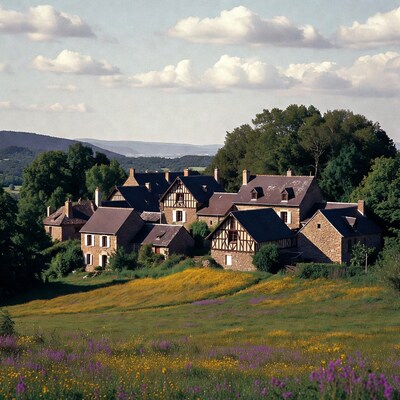 French village in wildflower meadow