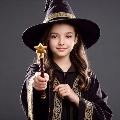 Girl in witch costume holding wand