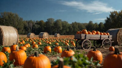 Pumpkin Patch with Hay Bales and Wagon