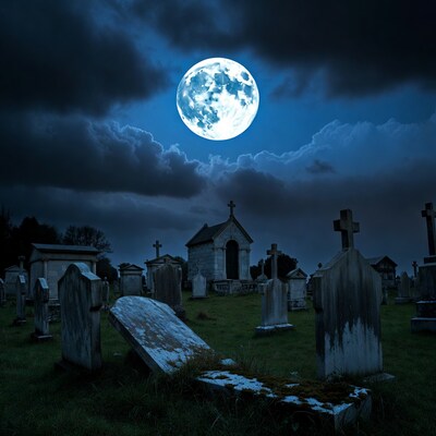 Full Moon Over Cemetery at Night