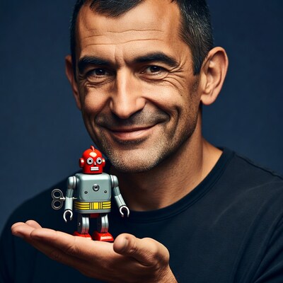 Man holding red wind-up robot