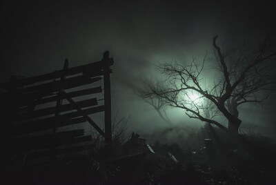 Foggy graveyard with gnarled trees