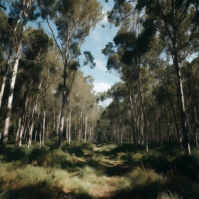Eucalyptus Forest Path Under Blue Sky
