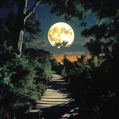 Wooden boardwalk through forest under full moon