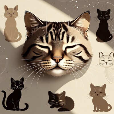 Large tabby cat with small cats