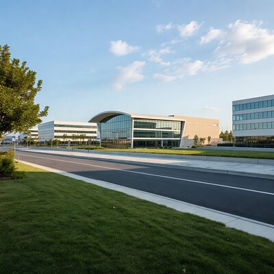 Modern office buildings along road