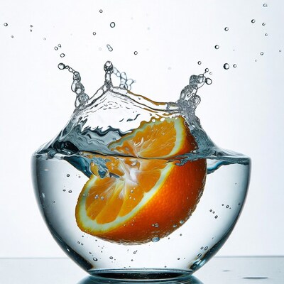 Orange slice in splashing water glass