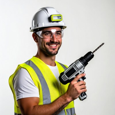 Smiling man in hard hat holding drill