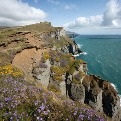 Flower-Covered Cliffs Over Ocean