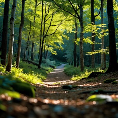 Forest path through green trees