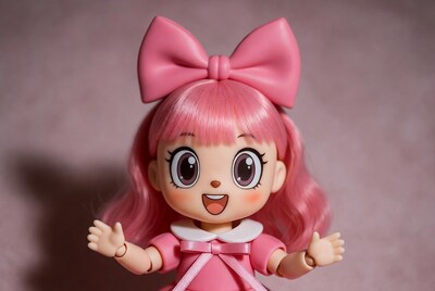 Pink-haired smiling anime girl doll