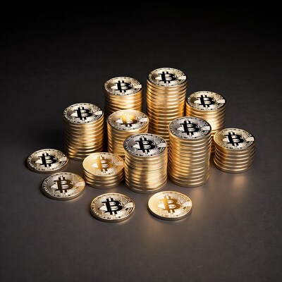 Golden Bitcoin Stacks on Black Background