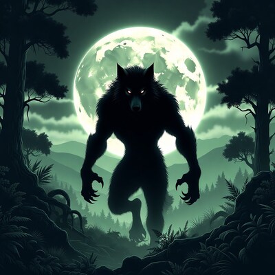 Werewolf howling under full moon