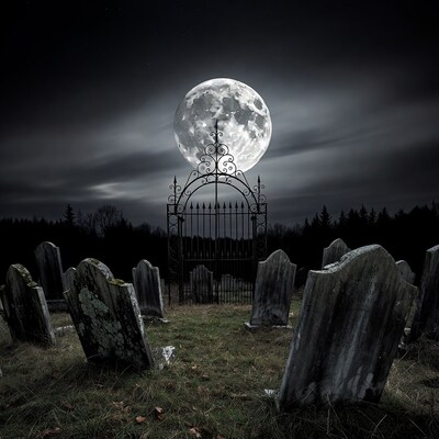 Cemetery Gate Under Full Moon