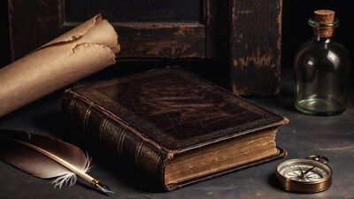 Vintage Book with Quill Compass Ink