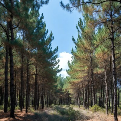 Pine Forest Path Under Blue Sky