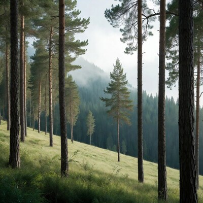 Pine Forest with Foggy Mountains