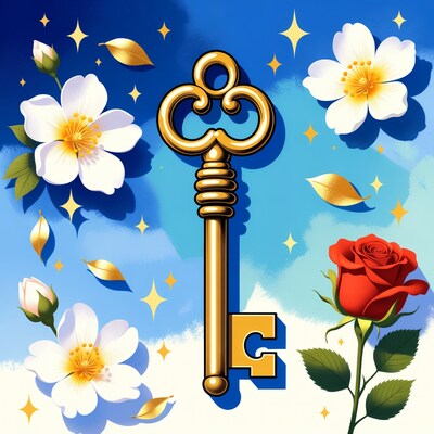 Golden Key with Flowers and Stars