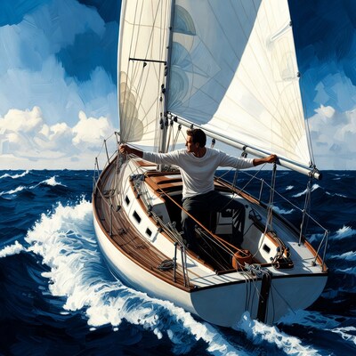 Man sailing boat in stormy sea