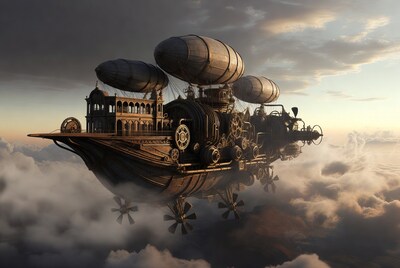 Steampunk Airship Flying in Clouds