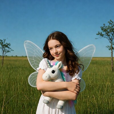 Girl with fairy wings holding unicorn