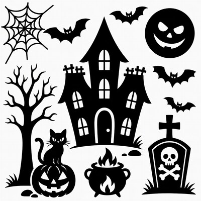 Halloween clipart with haunted house bats pumpkin