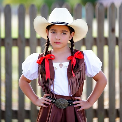 Girl in cowboy costume with pigtails