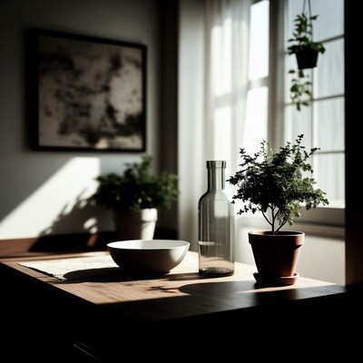 Still life with bowl bottle plants