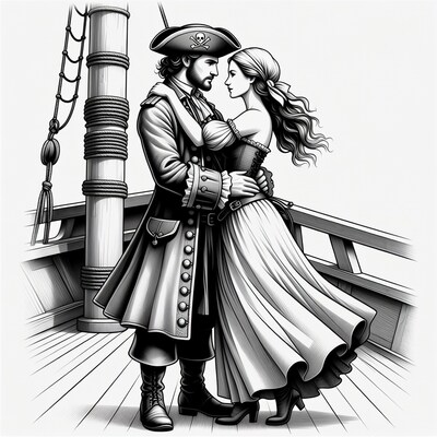 Pirate man embracing woman on ship